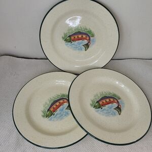 ENESCO 2003 Julie Ueland Enamel Salmon Camp Fish Dinner Plates Set of 3